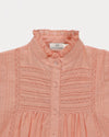 Early Sunday, Zoe Shirt in Nude, made from Cotton Jeera Dobby Voile fabric, featuring frilled roundneck with detailed lace yoke, shown in a closeup flat-lay view